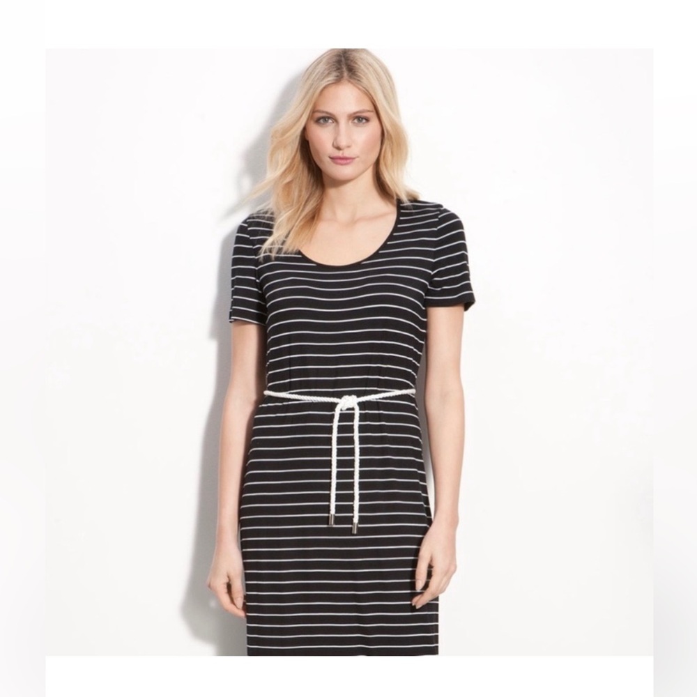 Calvin Klein Navy and White Stripe Rope Tie Jersey Dress